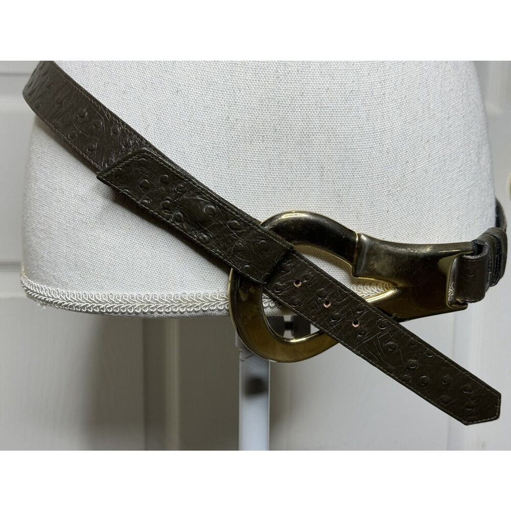 RUZA Adjustable Green Ostrich Leather Hip Belt Gold Tone Buckle